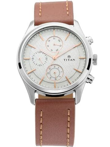 Titan Work Wear Multi-Function Silver Dial Brown Leather Strap Men'S W