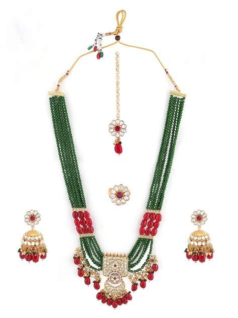 ZAVERI PEARLS Green Maroon Multistrand Necklace Earring Maangtikka ...