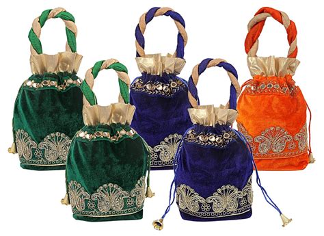 Kuber Industries Velvet 5 Pieces Women Potli Bag (Green, Orange & Blue ...