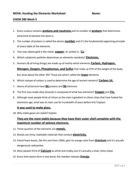 Nova Hunting The Elements Worksheet – Printable PDF Template