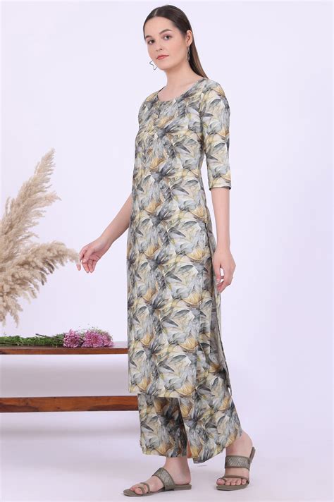Buy Grey Printed Pure Cotton Straight Kurta with Palazzo & Dupatta Set ...