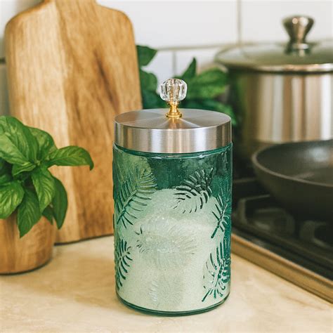Large Blue Leaf Patterned Glass Jar w/ Airtight Lid & Crystal Knob ...