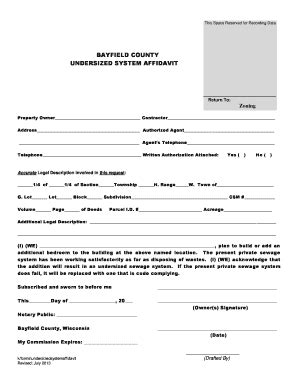 Fillable Online bayfieldcounty UNDERSIZED SYSTEM AFFIDAVIT - Bayfield ...