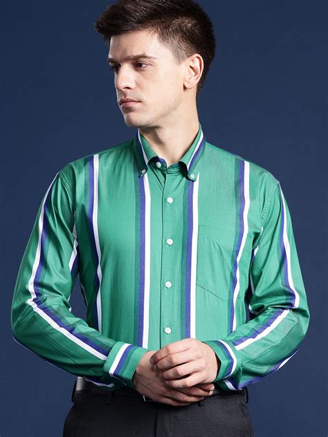 Men Green Striped Pure Cotton Slim Fit Formal Shirt