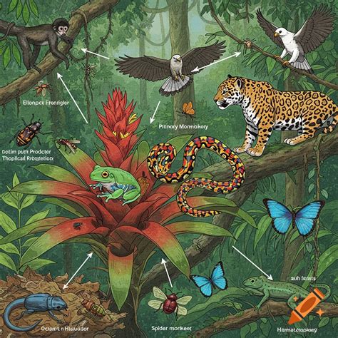 Illustrative landscape of a rainforest with jaguar, anteaters, deer ...