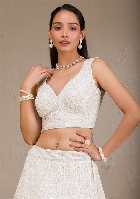 Buy White Pearlwork Net Readymade Lehenga - Koskii