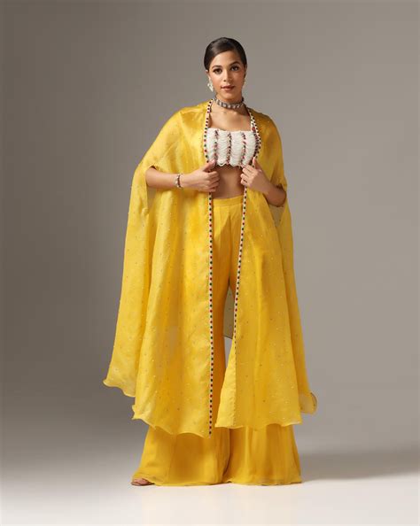 Mustard Organza Embroidered Cape Set – Yashodhara