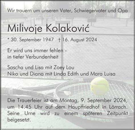 Milivoje Kolakovic | Traueranzeigen, Nachrufe & Danksagungen auf ...