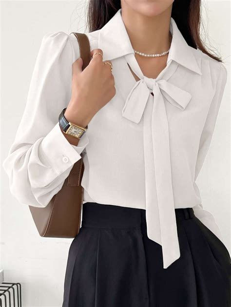 DAZY Solid Tie Neck Puff Sleeve Blouse Work Women Clothes,Fall Clothes ...