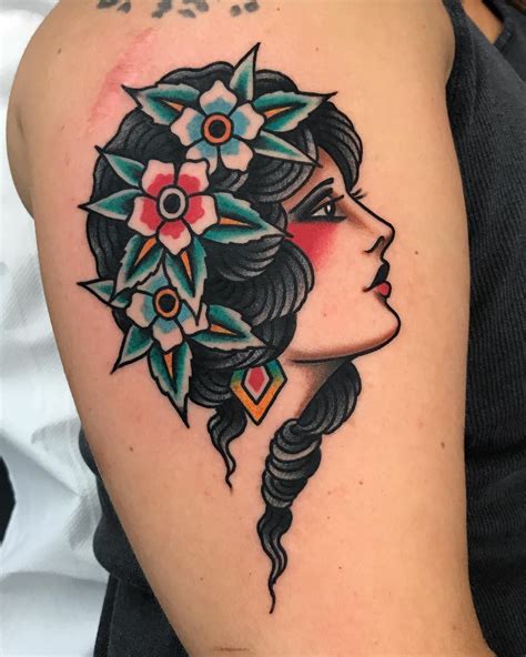 Traditional Pin Up Girl Face Tattoo