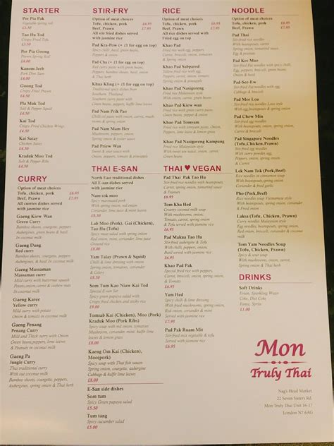 Menu at Mon Truly Thai (taste of bangkok cuisine) restaurant, London