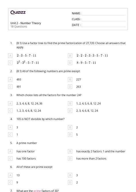 50+ Number Theory worksheets for 7th Class on Quizizz | Free & Printable