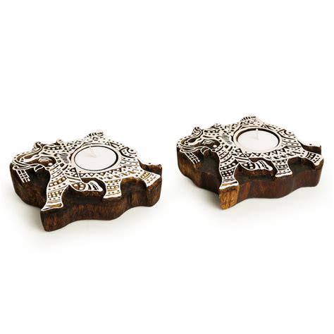 'Dazzling Elephant' Hand-Carved Blocks Tea-Light Holders In Sheesham W ...