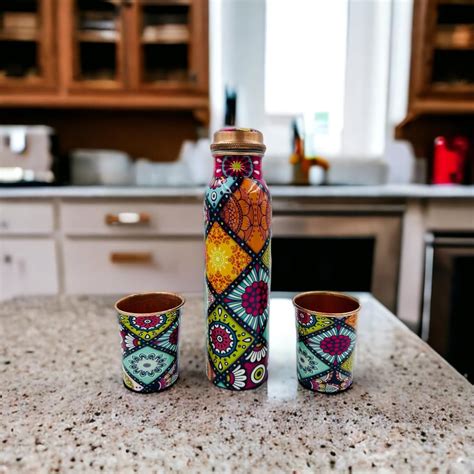 Bhanu Priya Designer Copper Water Bottle & Glasses Combo | 1L Bottle ...