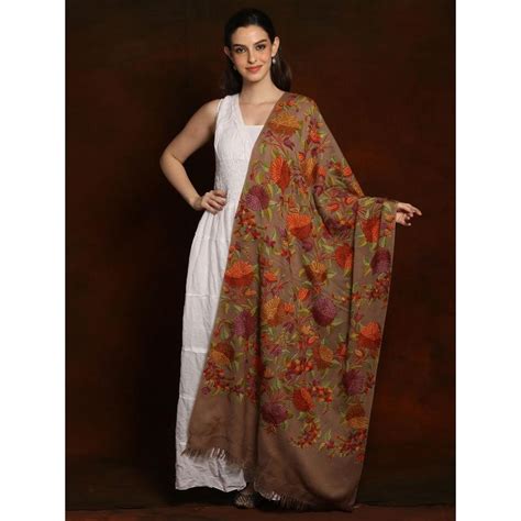 Buy EXOTIC INDIA Multi-Color Aari Floral Embroidery Khaki Brown Woolen ...