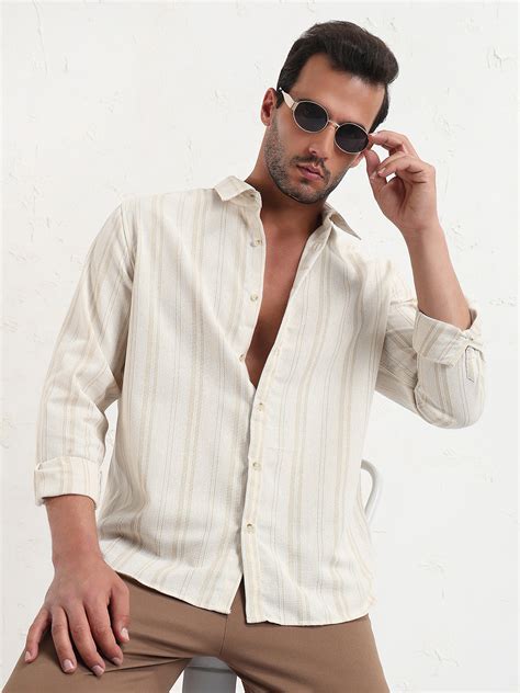 Shop Men's Cream Striped Slim Fit Shirt | Showoffff