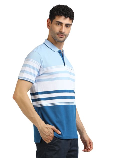Buy Men's Light Blue With White Striped Polo Collar T-Shirt Online at ...