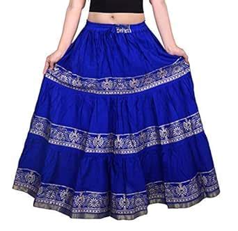 Buy V3E Cotton Women's Jaipuri Blue Print Self Design Flared Long Skirt ...