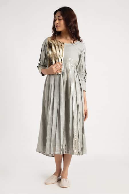 Buy Green Linen Foil Printing Round Neck Illusion Amanda Floral Dress ...