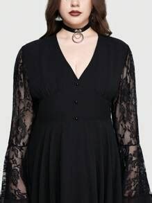 ROMWE Goth Plus Size Sexy Gothic Deep V-Neck Dress With Flared Sleeves ...