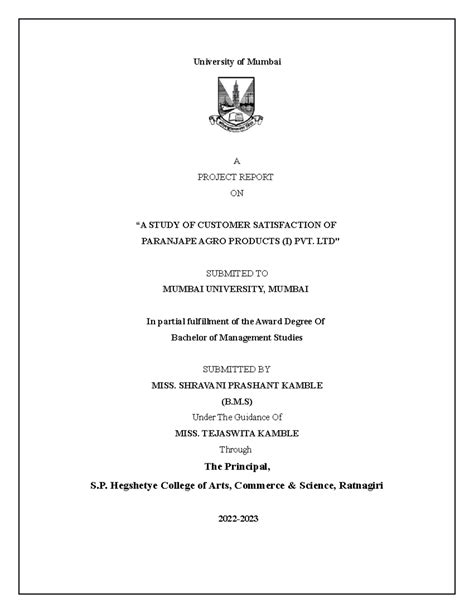 Project title page format - University of Mumbai A PROJECT REPORT ON “A ...