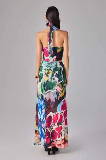 Buy Multi Color Crepe Halter Neck Floral Print Maxi Dress For Women by ...