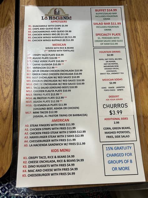 Menu at La Hacienda Brownfield restaurant, Brownfield