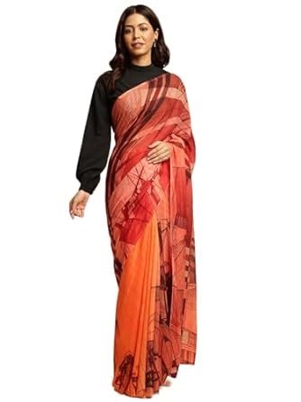 Buy navyasa peach liva chiffon geometric print saree at Amazon.in