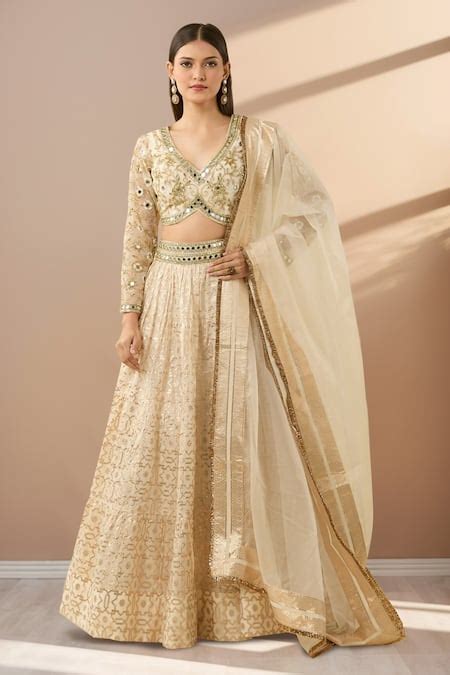 Buy Ivory Chanderi, Silk Mirrors, Geometric Embroidered Banarasi ...