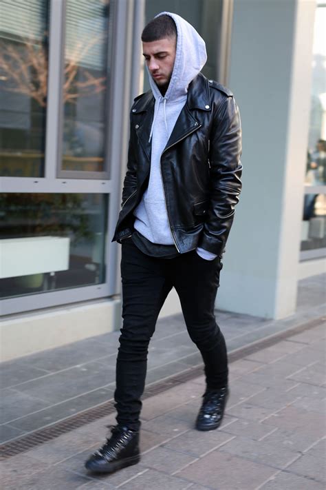 LƵ | Hoodie outfit men, Hoodie fashion, Leather jacket hoodie