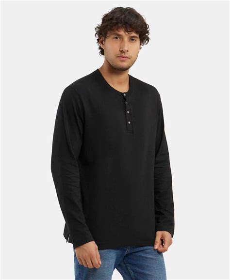 Buy Super Combed Cotton Rich Solid Full Sleeve Henley T-Shirt - Black ...