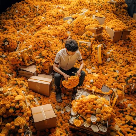 A chinese man is sorting cartons next to a pile of marigolds remote ...