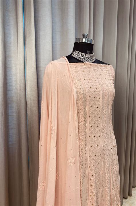 Fida Powder Peach Premium Georgette Chikankari Kamdani Anarkali Dupatta Set