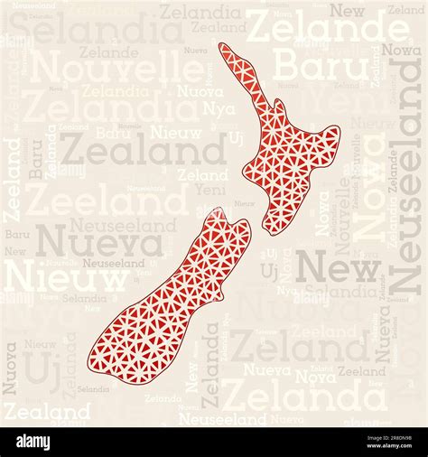 New Zealand map design. Country names in different languages and map shape with geometric low ...