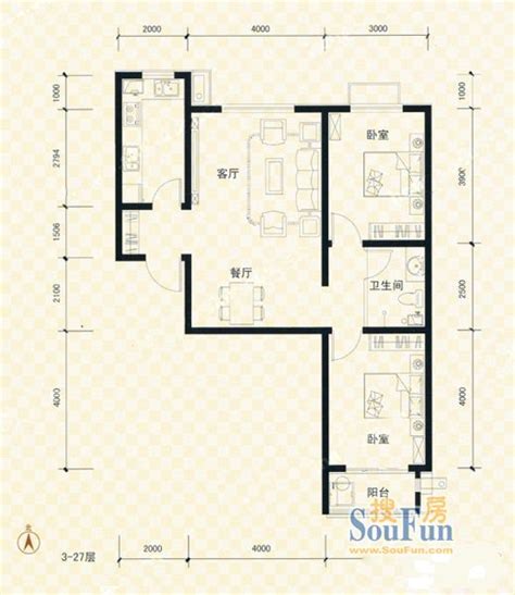 现代风格住宅两室两厅一卫户型图PSD方案[原创]