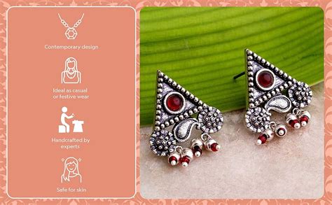 Voylla Oxidised Silver Brass Triangle Stud Statement Earrings with Pink ...