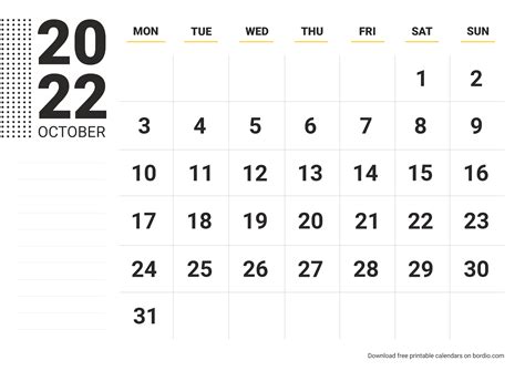 October 2022 Printable Calendar Templates for Free in PDF - Bordio