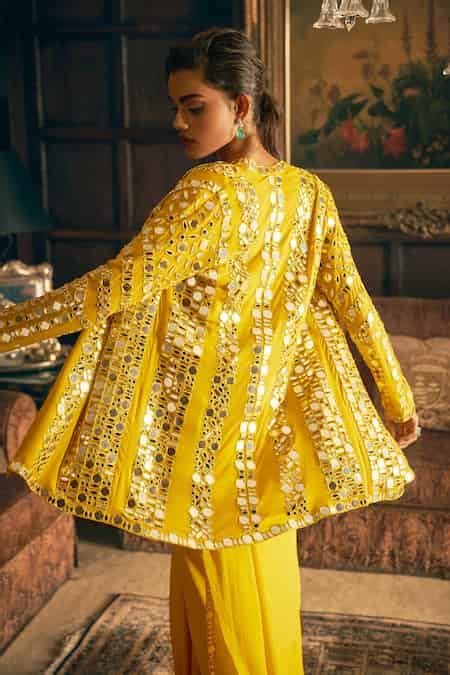 Buy Yellow Georgette Mirrors Scoop Neck, Open Pre-draped Work Saree Set ...