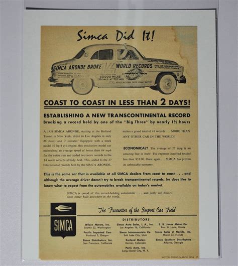 Car Ad 1958 Simca (motor Company Classic Old Photo Advertisement Parts Print Poster Brochure ...