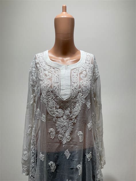 (Original Chikankari) Women Embroidered Georgette Straight Kurta (Whit ...
