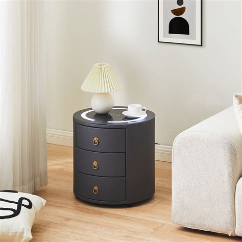 Ivy Bronx Bedside Table, Round Nightstand, 3 Drawers Cabinet, Smart ...