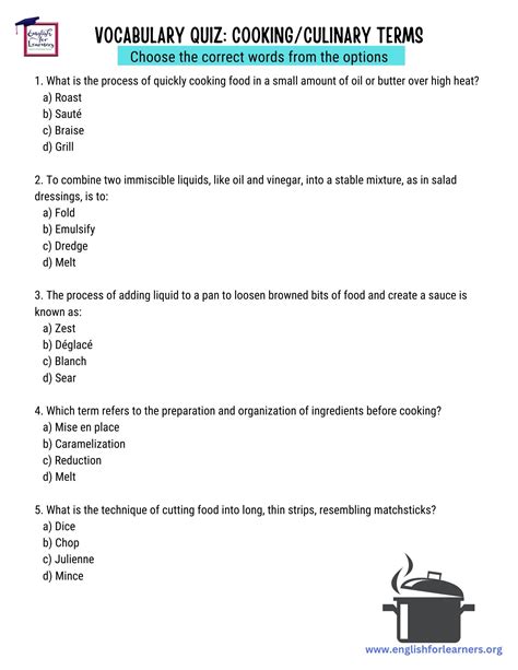 Cooking Terms Quiz | Basic Cooking Terms Worksheet | Culinary Words ...