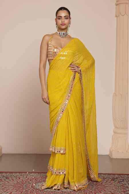 Buy Yellow Georgette Mirrors, Embroidery Sweetheart Border Ruffle Saree ...