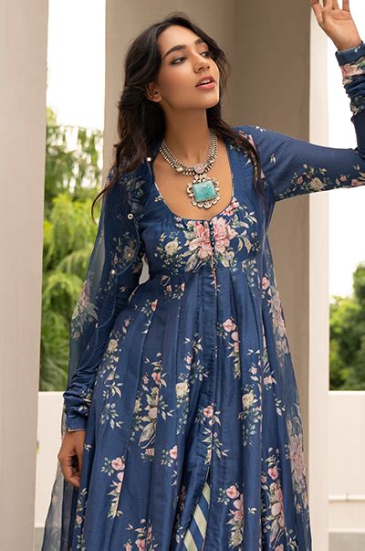 Falak Blue Front Open Floral Anarkali with Palazzo and Dupatta- Set of ...