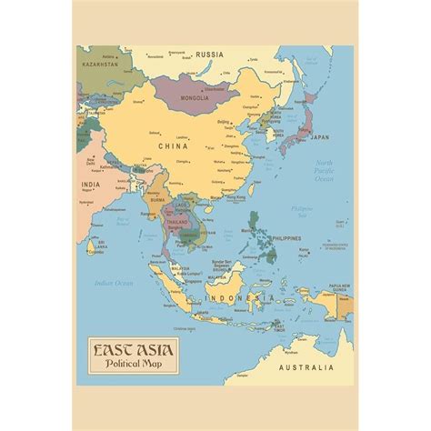 PosterFoundry Laminated Vintage Map of East Asia Travel World Map India ...