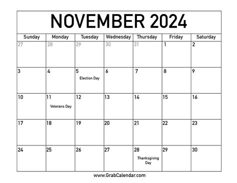 November 2024 Calendar With Holidays - 2025 Calendar Printable