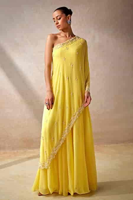 Buy Yellow Georgette Embroidery One Shoulder Sunkissed Vine Garden ...
