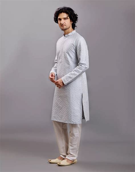 Self Floral Design Embellished work Cotton Silk Kurta Pyjama Set ...