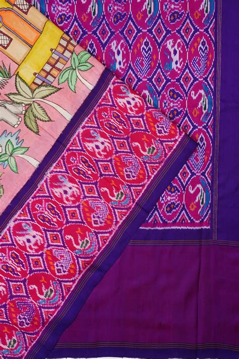 Pochampally Silk Ikat Kalamkari Hand Painted Pink Saree
