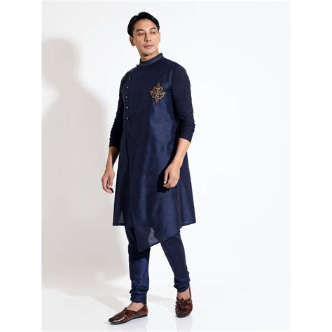 Assymetric hem kurta with zardozi applique at chest and jersey sleeves ...